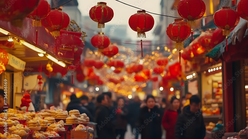 Naklejka premium A close-up shot of vibrant red and gold lanterns hanging above a bustling street market filled with vendors selling traditional Chinese New Year foods, such as dumplings, spring rolls, and mooncakes 