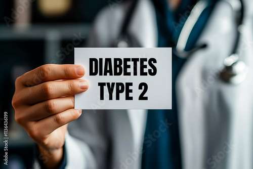 Diabetes type 2 message written on white card held by doctor. Conceptual diabetes type 2 symbol. photo