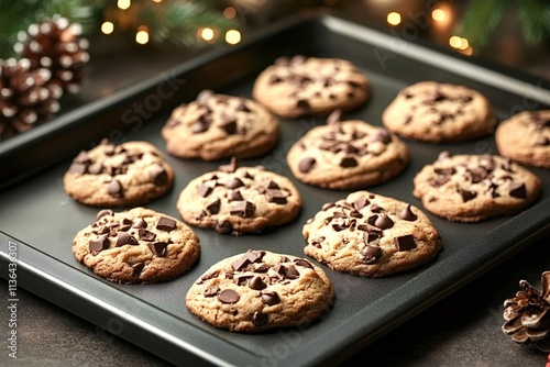 Delicious chocolate chip cookies cooling on a baking sheet, radiating warmth and inviting sweetness, ideal for festive holiday celebrations and sharing delightful treats with family photo