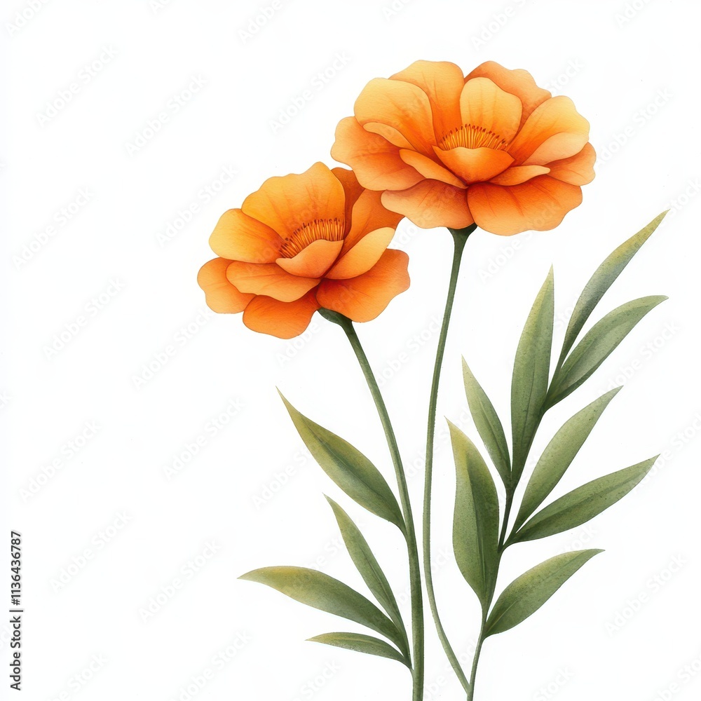 Naklejka premium Vibrant orange flowers with green leaves on a white background.