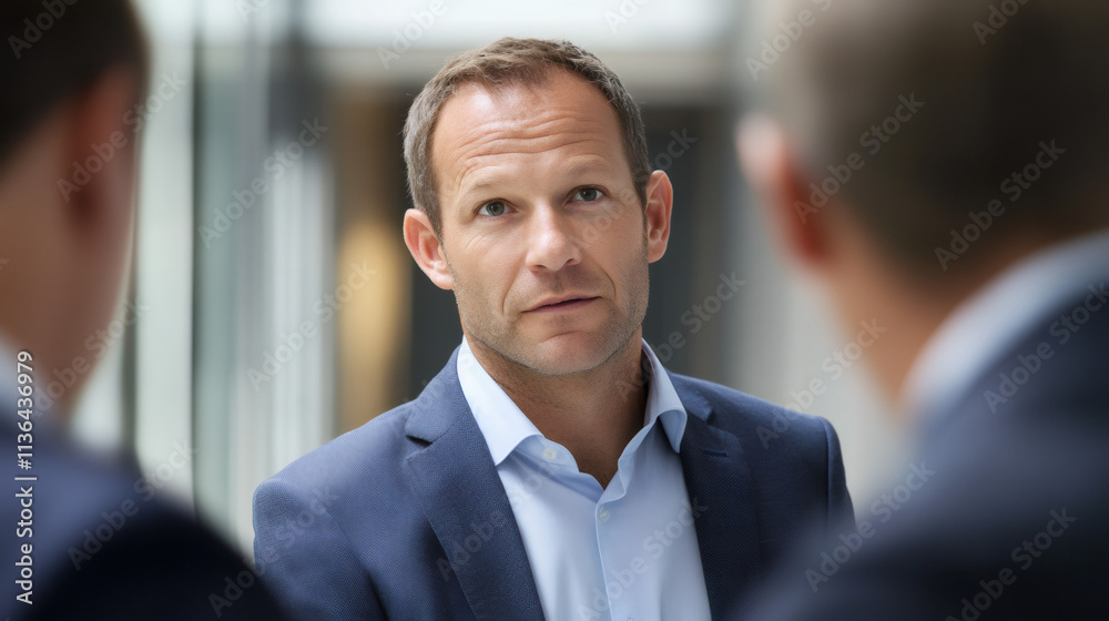 Businessman engaging in conversation with two colleagues while navigating a modern office hallway, showcasing teamwork and collaboration Businessman engaging in conversation with two colleagues while navigating a modern office hallway, showcasing teamwork and collaboration