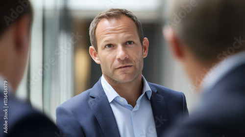 Businessman engaging in conversation with two colleagues while navigating a modern office hallway, showcasing teamwork and collaboration