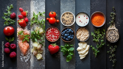 Colorful arrangement of fresh ingredients on a wooden surface