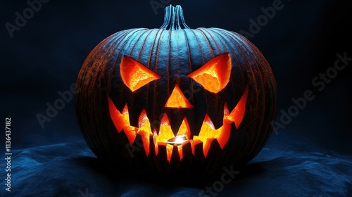 [Halloween Jack O Lantern Decor] Spooky Halloween Pumpkin Carved Jack-O-Lantern on Dark Background Photoshop Effect photo