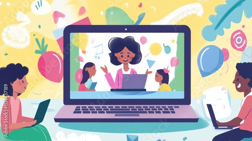 Colorful Fun Illustration of Family Video Call on Laptop, Kids and Adults Smiling with Balloons and Fruits in Background