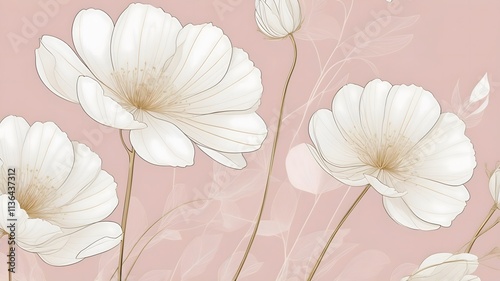 A minimalist line art wall mural featuring large,white flowers with long stems and delicate petals.The background is a soft, neutral color with abstract shapes in pink and gold