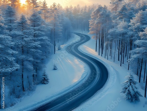 Aerial view of snowy forest with a road. 