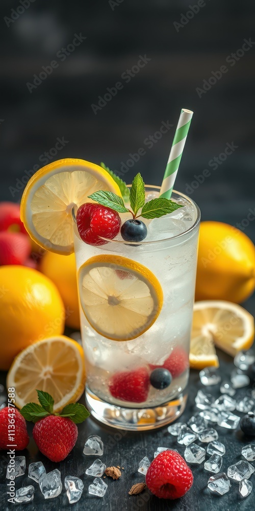 Refreshing lemonade with raspberries and blueberries garnished with mint on a dark background Refreshing lemonade with raspberries and blueberries garnished with mint on a dark background