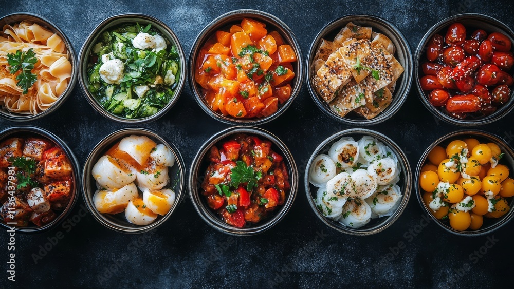 Colorful array of gourmet dishes presented in bowls