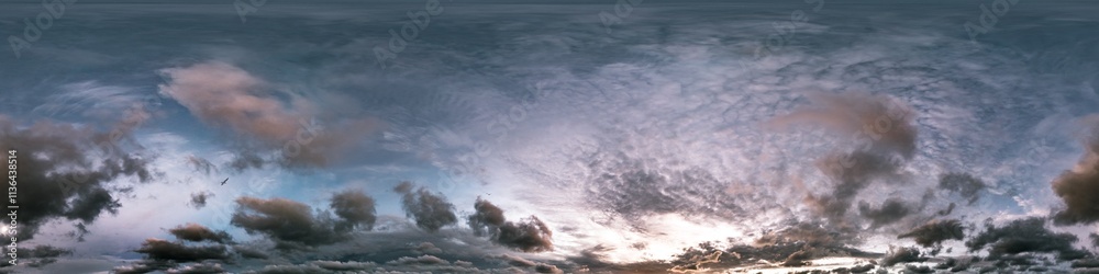360 panorama of glowing sunset sky with bright pink Cumulus clouds. HDR 360 seamless spherical panorama. Full zenith or sky dome sky replacement for aerial drone panoramas. Climate and weather change. 360 panorama of glowing sunset sky with bright pink Cumulus clouds. HDR 360 seamless spherical panorama. Full zenith or sky dome sky replacement for aerial drone panoramas. Climate and weather change.