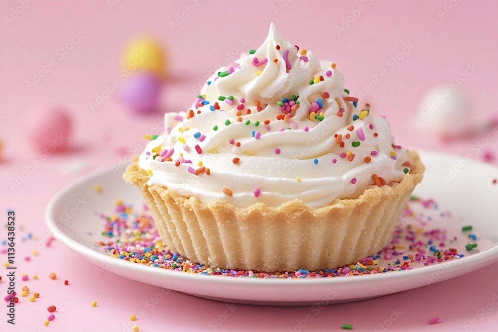 Small tartlet filled with whipped cream and topped with colorful sprinkles sits on a white plate, creating a sweet and festive treat, perfect for celebrations and parties Small tartlet filled with whipped cream and topped with colorful sprinkles sits on a white plate, creating a sweet and festive treat, perfect for celebrations and parties