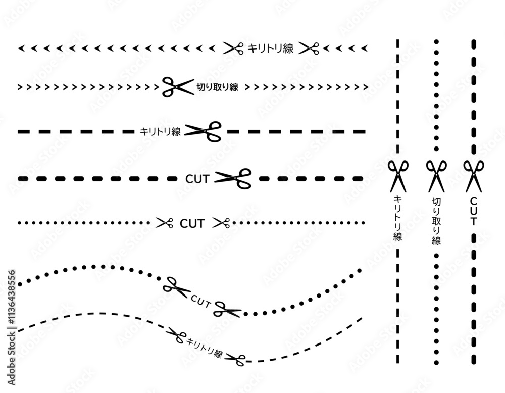 Fototapeta premium ハサミと切り取り線のイラスト 破線 点線