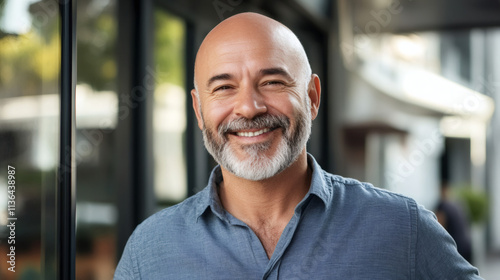 Smiling mature businessman enjoying the outdoors in front of a modern office building, exuding confidence and professional success