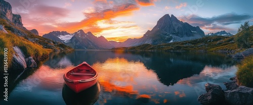 A vibrant and serene panoramic view of the sunset over calm waters, with mountains in the background and reflections of vivid colors on the water's surface