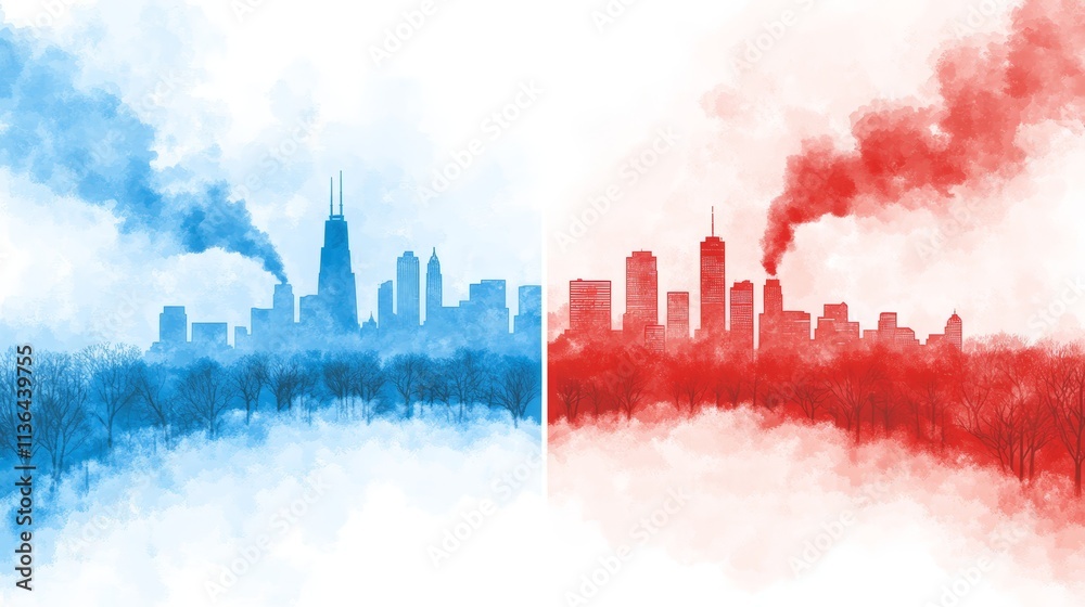 Fototapeta premium Dramatic city skyline with red and blue smoke, a stunning urban spectacle