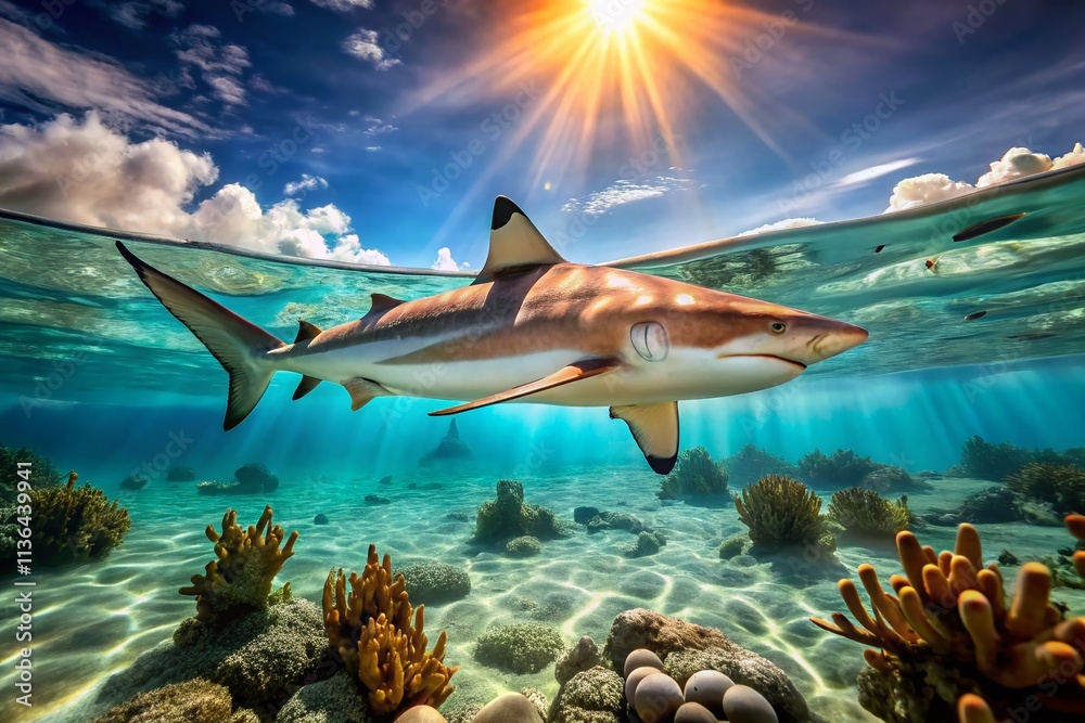 Fototapeta premium Blacktip Reef Shark High Resolution Underwater Photo, Ocean Wildlife, Marine Life, Shark Photography, Deep Sea, Underwater Image, High Depth of Field, Blacktip Shark Pictures