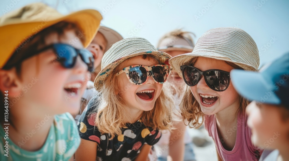 A group of kids in beach hats and sunglasses laughing together, capturing the vacation spirit A group of kids in beach hats and sunglasses laughing together, capturing the vacation spirit
