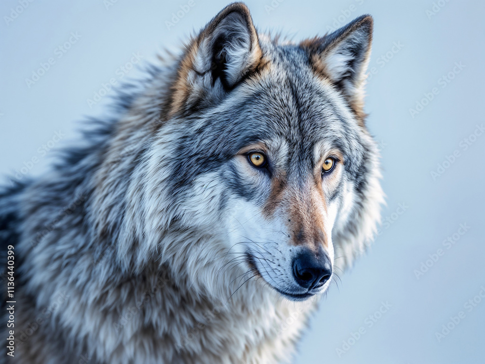Fototapeta premium Gray wolf gazes intently in a soft blue setting looking majestic and powerful