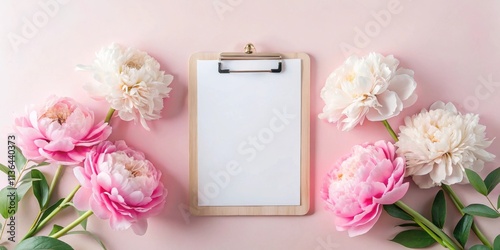 Fototapeta Naklejka Na Ścianę i Meble -  Blank clipboard surrounded by delicate pink and white peonies on a pastel pink background
