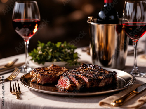 Grilled steaks served with red wine at a dinner table setting