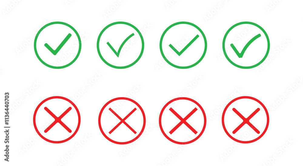 Green check mark and red cross, vector icons set