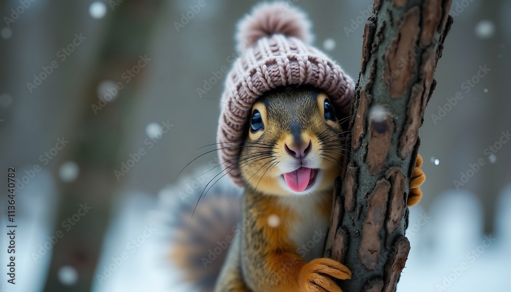 Obraz premium A squirrel stuck out his tongue against the background of the forest