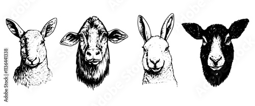 Black and white illustrations of farm animals: sheep, cow, rabbit, goat.