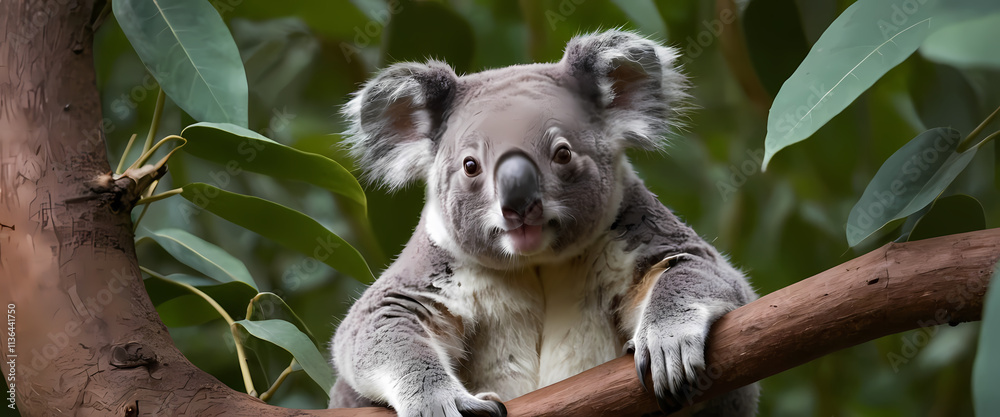 Fototapeta premium Koala on Eucalyptus Branch: An adorable koala, with its characteristic fluffy fur and endearing expression, sits perched on a eucalyptus branch, amidst a backdrop of lush green foliage.