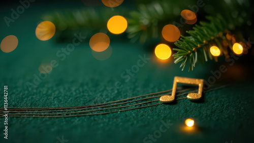 Golden musical note on green background with festive lights and pine branch decor