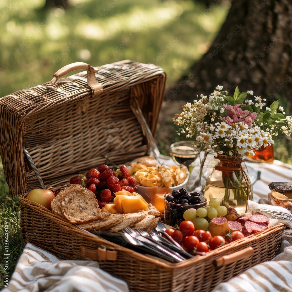 [Outdoor picnics blankets baskets utensils] Picnic in Paradise: Fresh Fruits, Wine, and Flowers in Summer Bliss Outdoor Setup