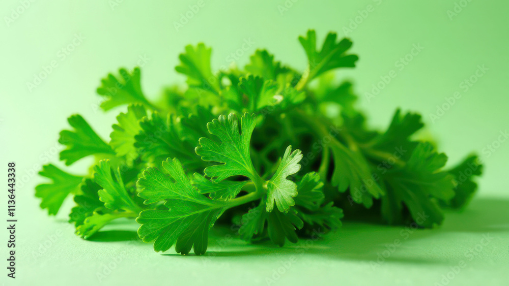 Fresh green parsley leaves on light green background Fresh green parsley leaves on light green background