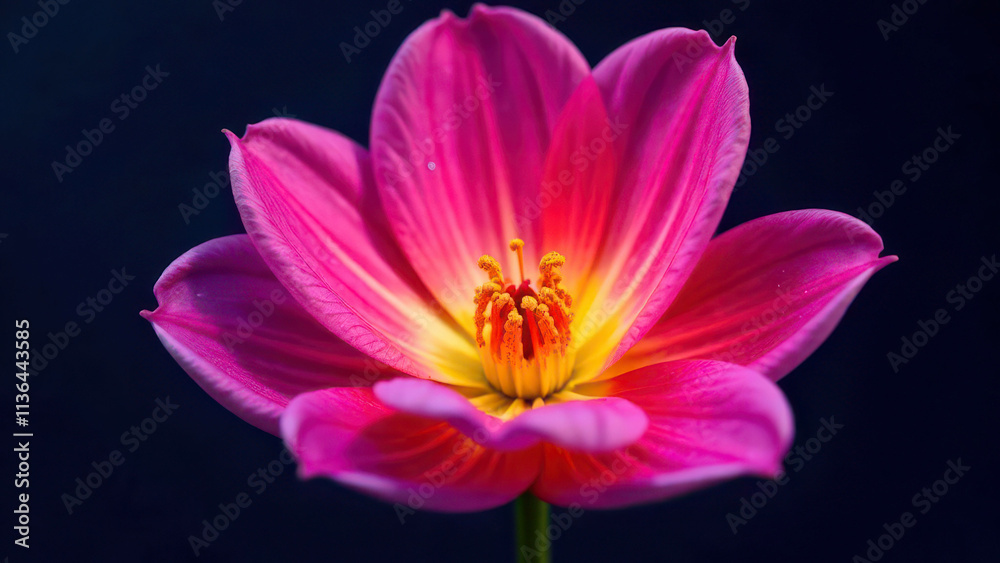 Fototapeta premium Vibrant pink flower against dark background with bright yellow center