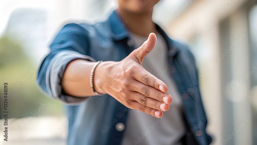 Fototapeta premium hand of person extended in handshake gesture. Person extending hand 
