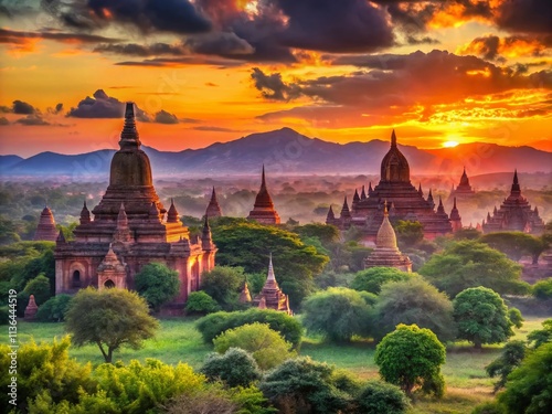 Breathtaking Sunset Over the Temples of Bagan, Myanmar with Golden Light Casting Shadows on Ancient Structures, Ideal for Travel and Culture Enthusiasts