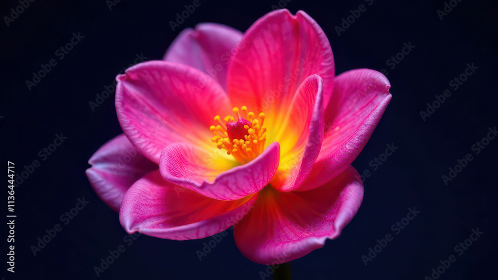 Fototapeta premium Vibrant pink flower with yellow center on dark background