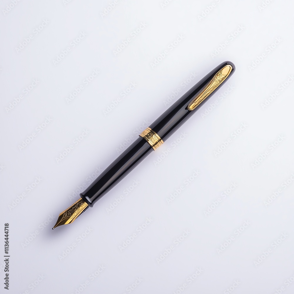 A sleek black fountain pen with gold accents, elegantly positioned against a light background, perfect for writing and artistic expression. A sleek black fountain pen with gold accents, elegantly positioned against a light background, perfect for writing and artistic expression.