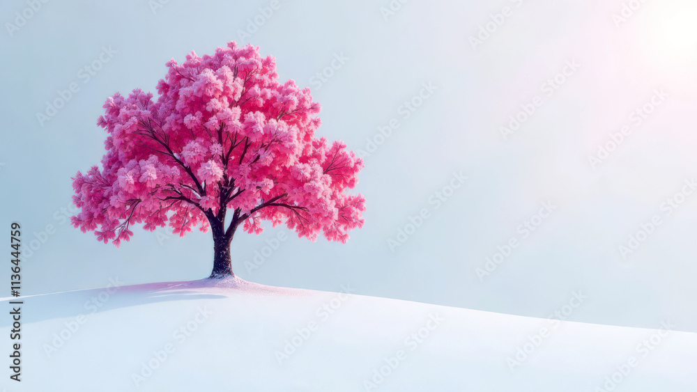 Solitary pink blossom tree on serene snowy landscape Solitary pink blossom tree on serene snowy landscape