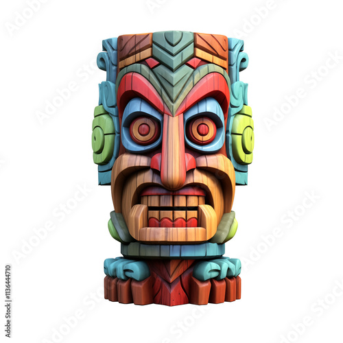 Tiki mask isolated on a transparent background. Colorful wooden tiki statue. Wooden tiki totem. Wooden totem pole. Wooden carved totem. Tribal mask. Tribal totem.