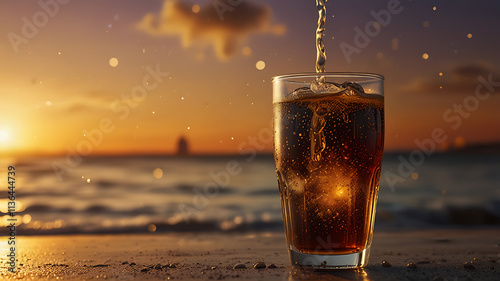 Sunset Cola Beach: Refreshing cola drink poured into a glass on a beach at sunset. Perfect for summer, vacation, and refreshment themes.  photo