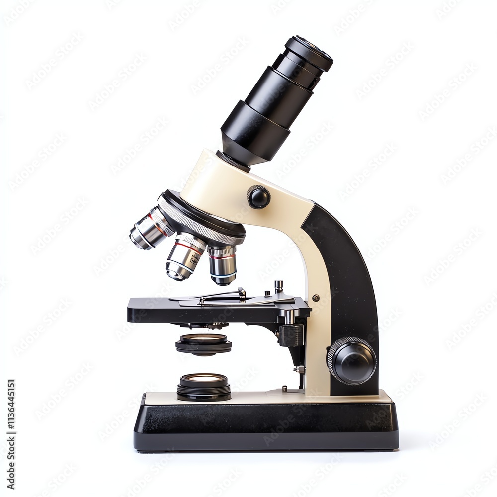 A classic microscope with multiple lenses, showcasing precision engineering, ideal for scientific examination and research. A classic microscope with multiple lenses, showcasing precision engineering, ideal for scientific examination and research.