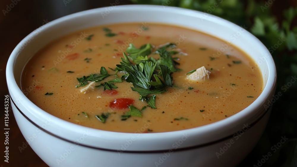 Creamy soup with herbs and vegetables in a white bowl Creamy soup with herbs and vegetables in a white bowl
