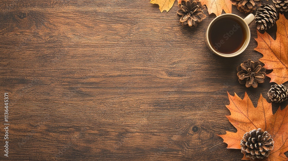 A warm autumn scene featuring a cup of coffee surrounded by pinecones and colorful leaves on a rustic wooden surface, Ideal for themes like seasonal change, cozy atmospheres A warm autumn scene featuring a cup of coffee surrounded by pinecones and colorful leaves on a rustic wooden surface, Ideal for themes like seasonal change, cozy atmospheres