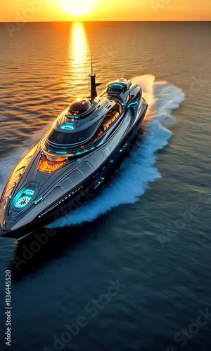 A sleek, futuristic yacht gliding over shimmering water at sunset.