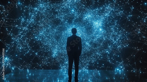 Silhouette in a digital starry universe.