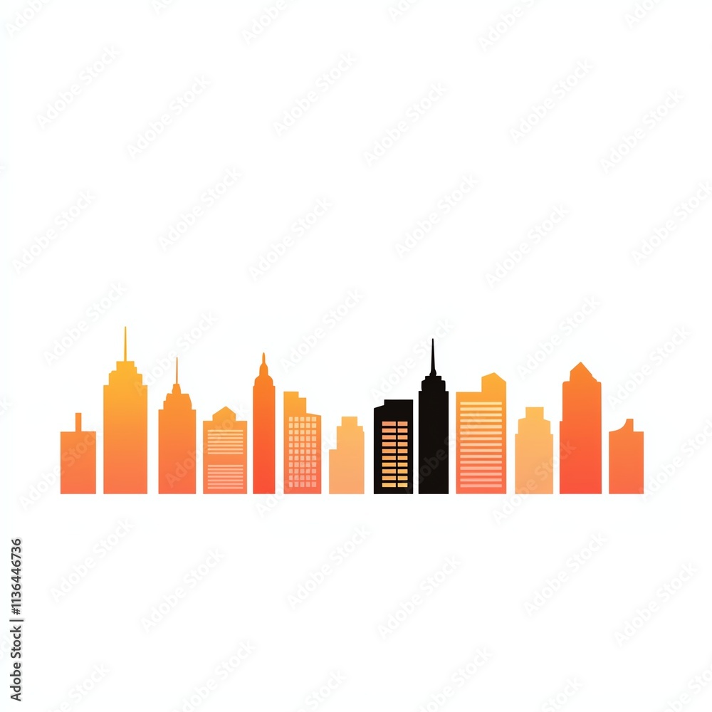 Naklejka premium A vibrant skyline silhouette in orange hues, featuring various building shapes, creating a modern urban aesthetic.