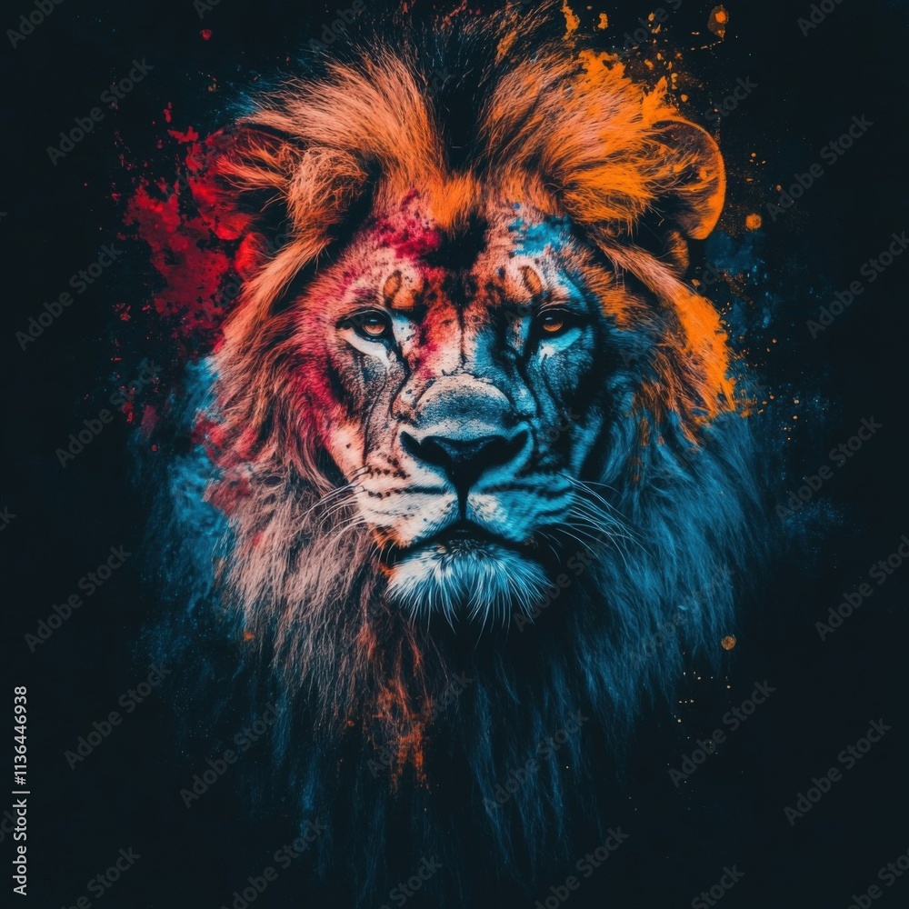 Naklejka premium Multicolored Lion Illustration with Vibrant Mane in Abstract Art 