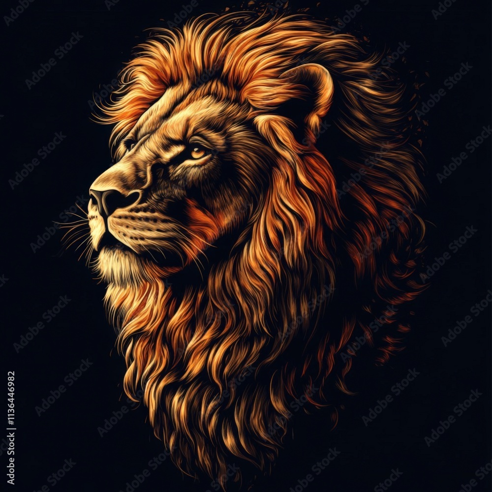 Naklejka premium Majestic Lion Illustration with Fiery Mane in Digital Art