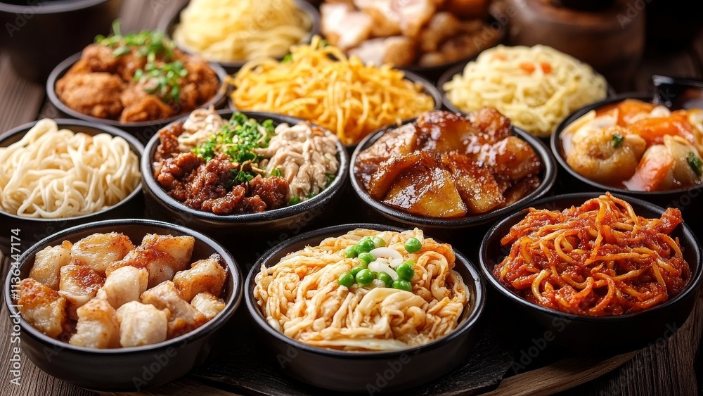 Flavorful assortment of noodles and dishes at a bustling restaurant Flavorful assortment of noodles and dishes at a bustling restaurant