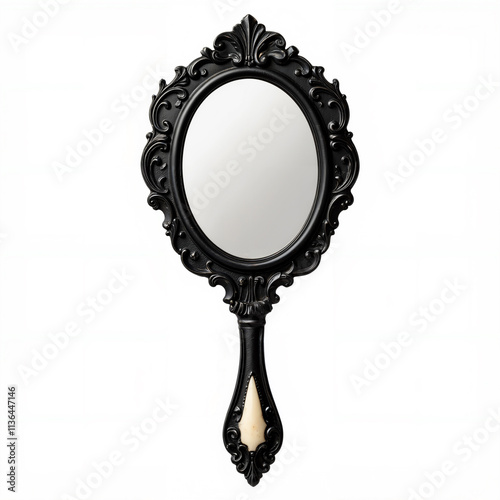 Vintage antique ornate Victorian era black hand mirror with ivory - isolated on white background photo