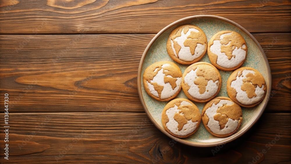A plate of delicious world map cookies on a wooden surface A plate of delicious world map cookies on a wooden surface